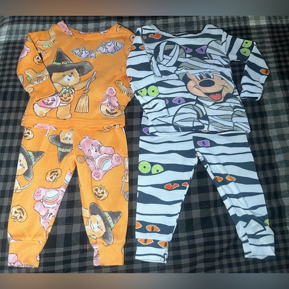 4 Piece Halloween Pajama Bundle Care Bears and Mickey Mouse Size 12 Months